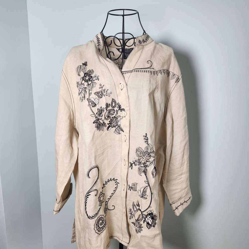 Carole Little Linen Embroidered Tunic Blouse Boho Floral Art Shirt 1X